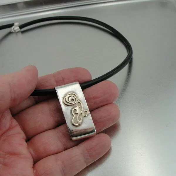 Hadar Designers black leather 9k yellow gold sterling silver pendant handmade(h