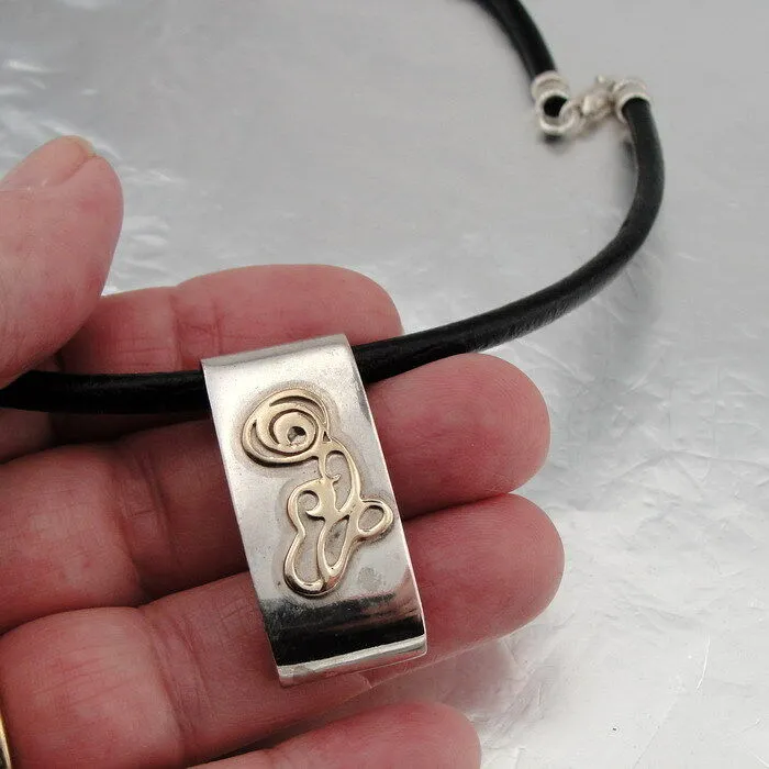 Hadar Designers black leather 9k yellow gold sterling silver pendant handmade(h
