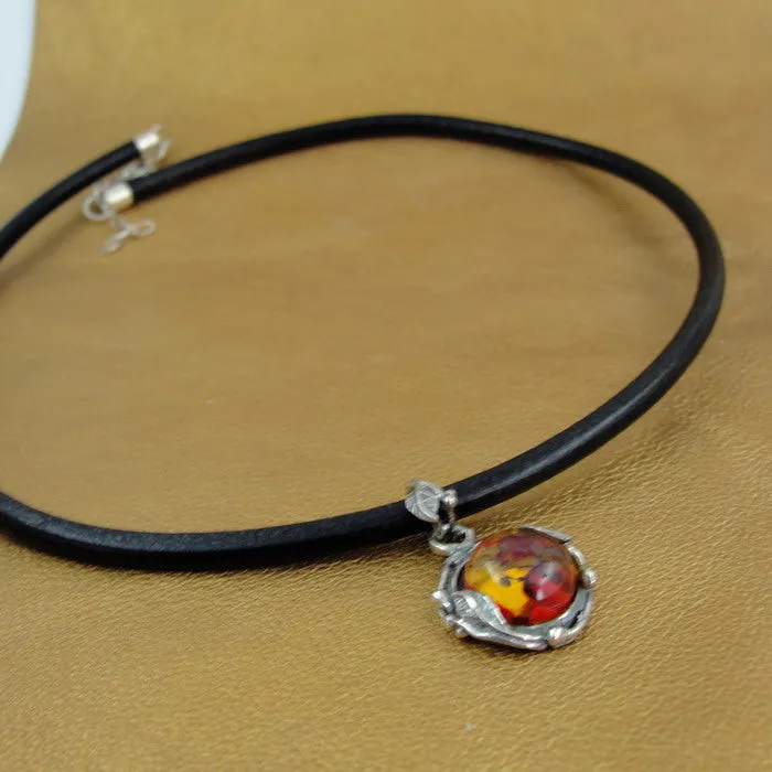 Hadar Designers Black Leather Baltic Amber 925 Silver Pendant Handmade (H)LAST