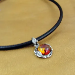 Hadar Designers Black Leather Baltic Amber 925 Silver Pendant Handmade (H)LAST