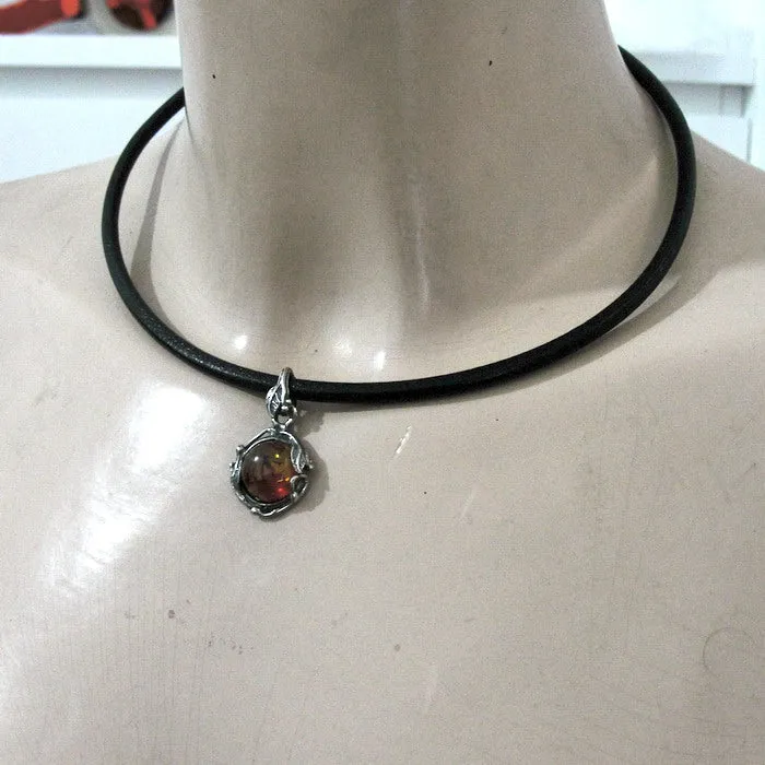 Hadar Designers Black Leather Baltic Amber 925 Silver Pendant Handmade (H)LAST
