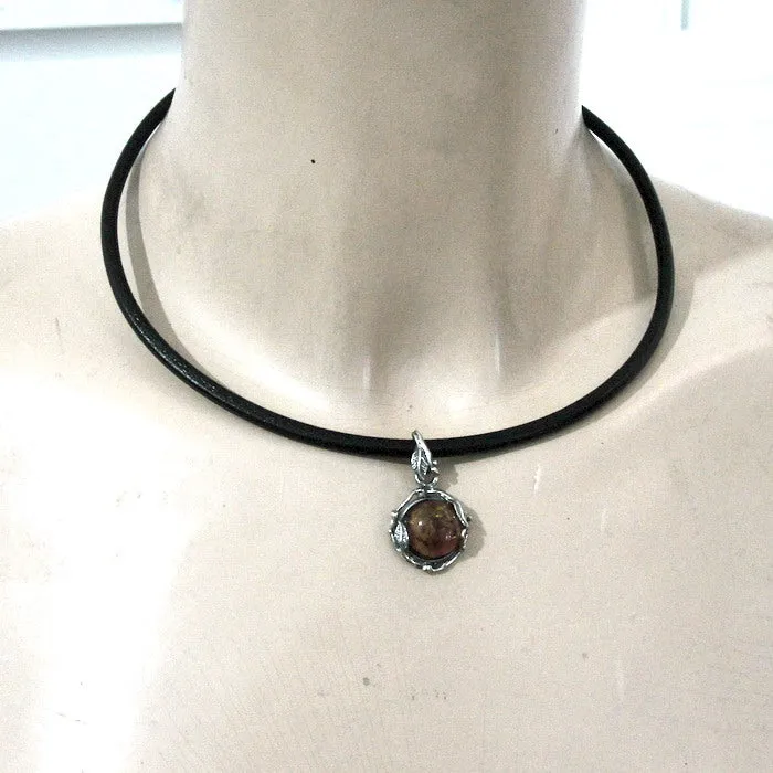 Hadar Designers Black Leather Baltic Amber 925 Silver Pendant Handmade (H)LAST