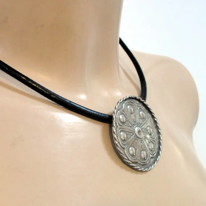 Hadar Designers Black Leather Sterling Silver Pendant Handmade Sophisticated (H
