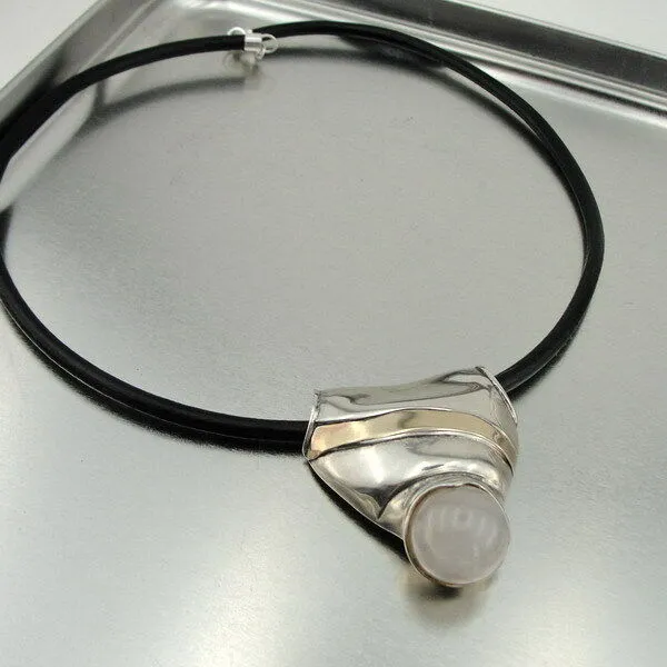 Hadar Designers Handmade Leather 9k yellow Gold 925 Silver Moonstone Pendant (H