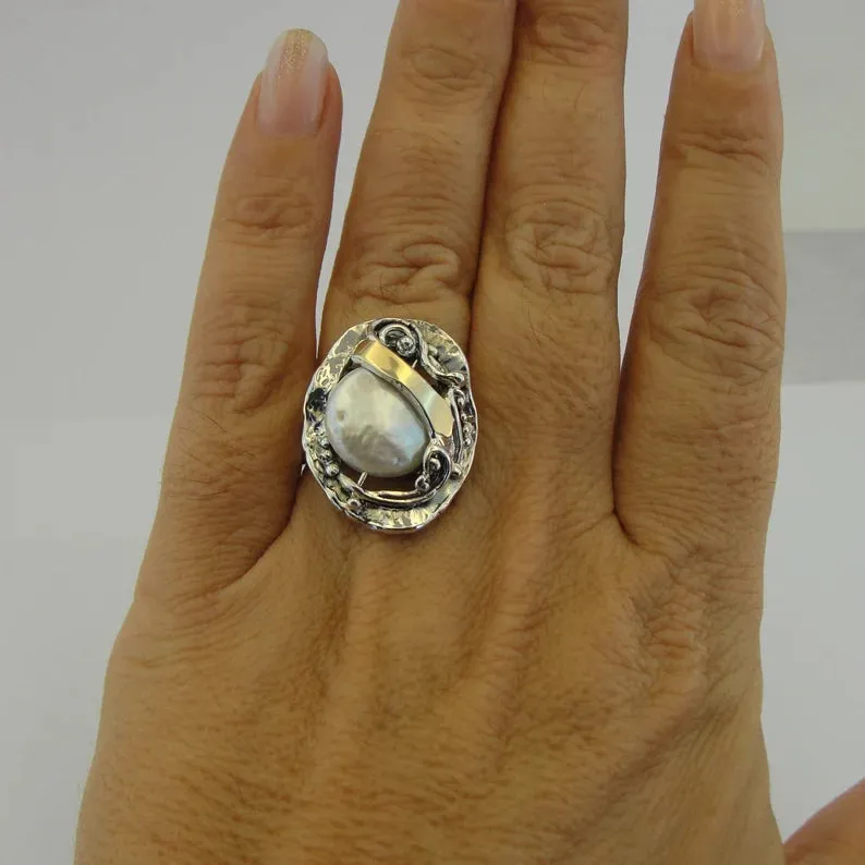 Hadar Designers White Pearl Ring 9k Yellow Gold 925 Silver  (S 1699)