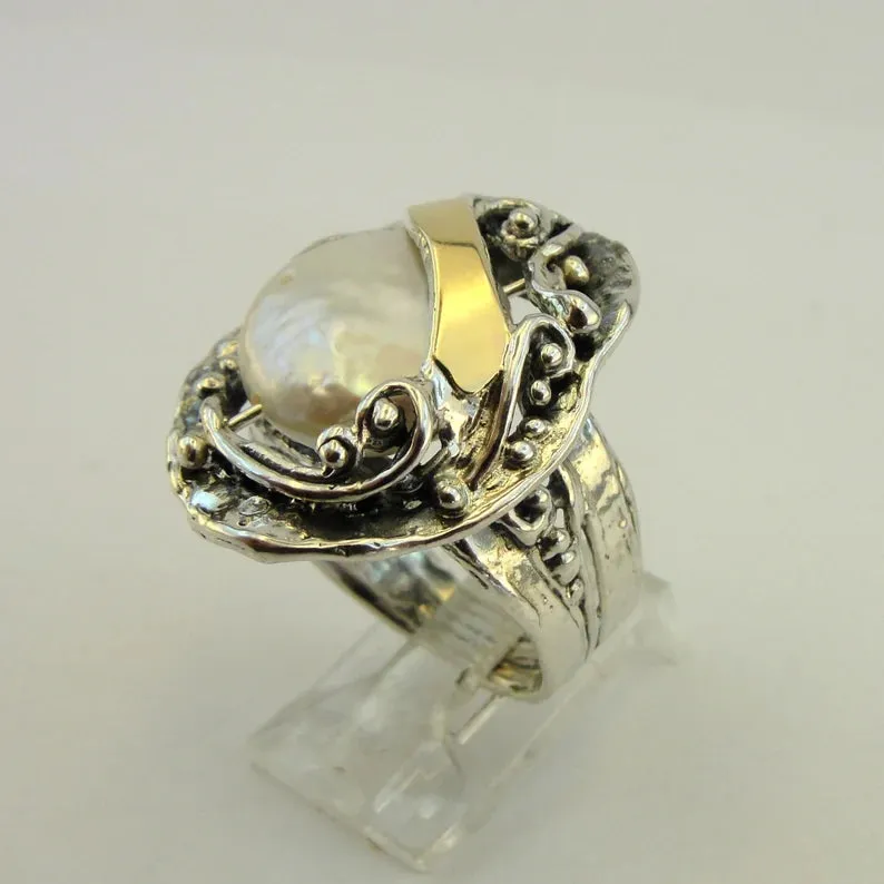 Hadar Designers White Pearl Ring 9k Yellow Gold 925 Silver  (S 1699)