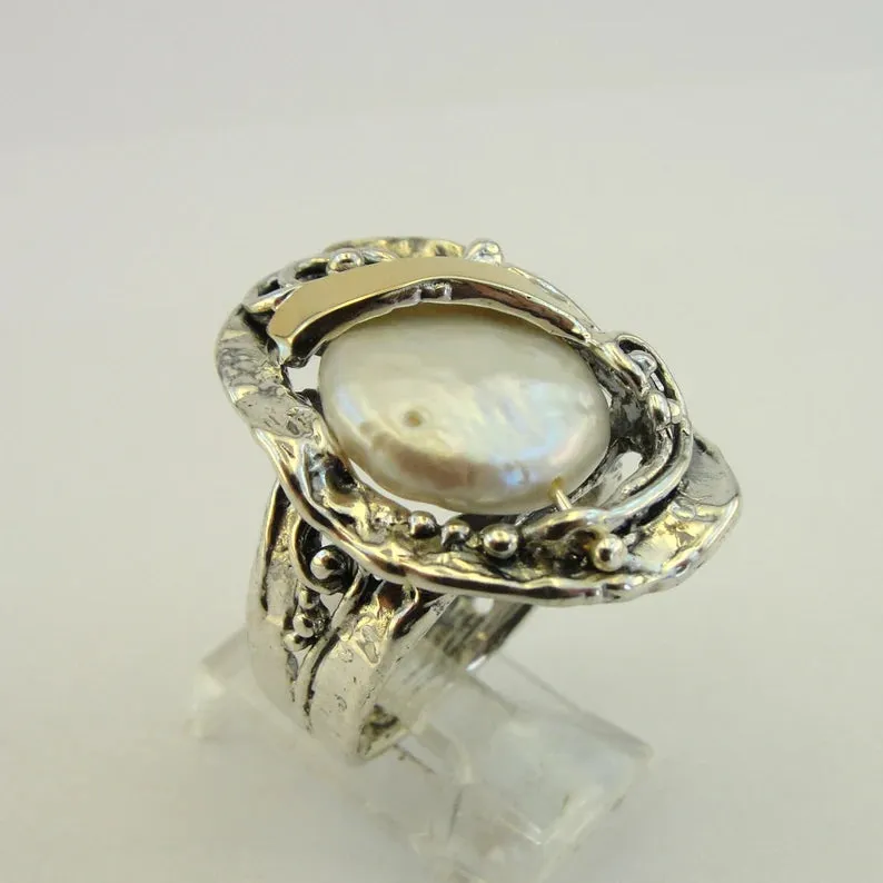 Hadar Designers White Pearl Ring 9k Yellow Gold 925 Silver  (S 1699)