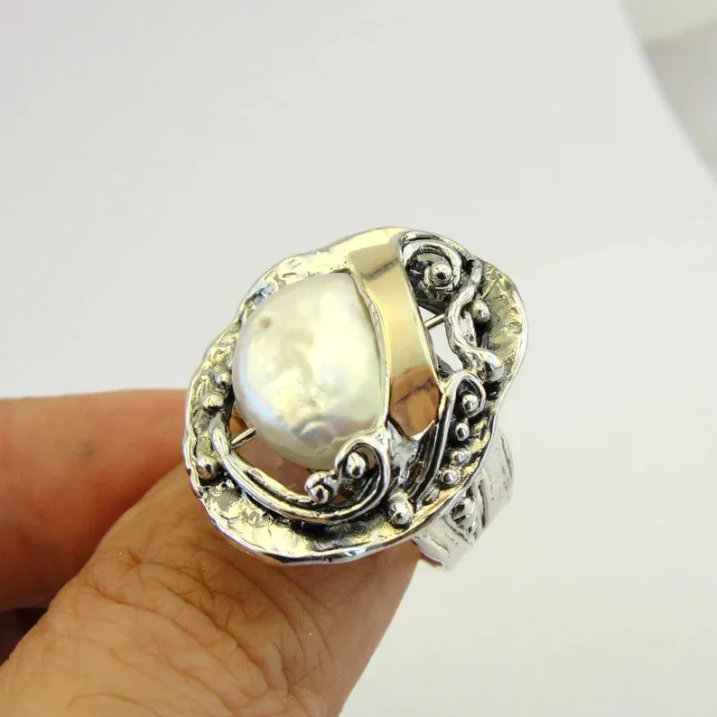 Hadar Designers White Pearl Ring 9k Yellow Gold 925 Silver  (S 1699)