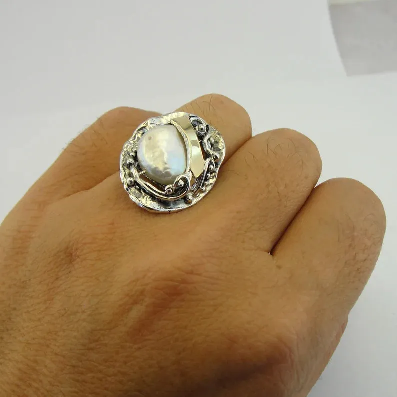 Hadar Designers White Pearl Ring 9k Yellow Gold 925 Silver  (S 1699)