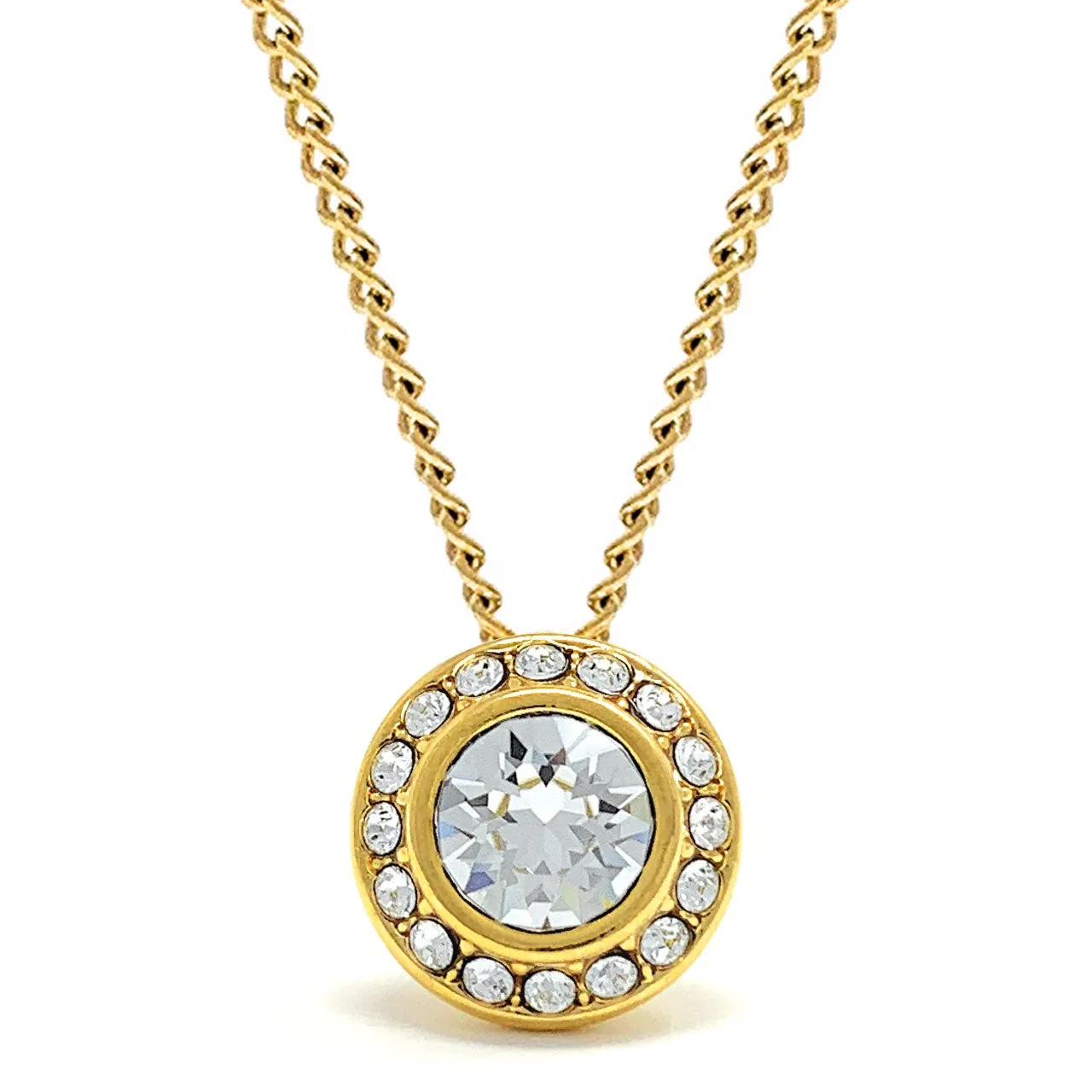 Halo Pave Pendant Necklace with White Clear Round Crystals from Swarovski Gold Plated