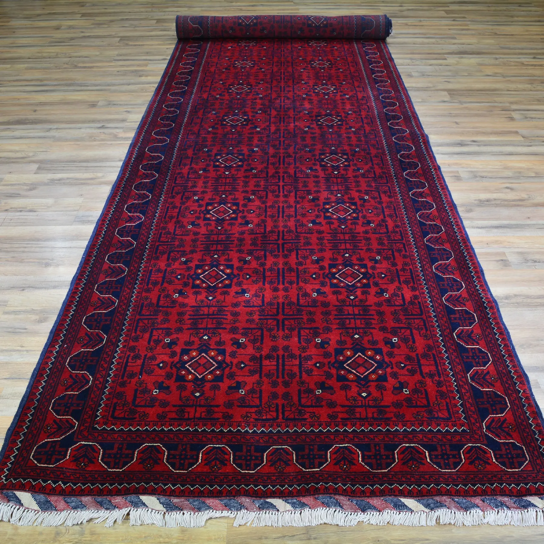 Hand-Knotted Fine Afghan Turkamon Design Handmade 100% Wool Rug (Size 4.3 X 15.10) Brral-4842