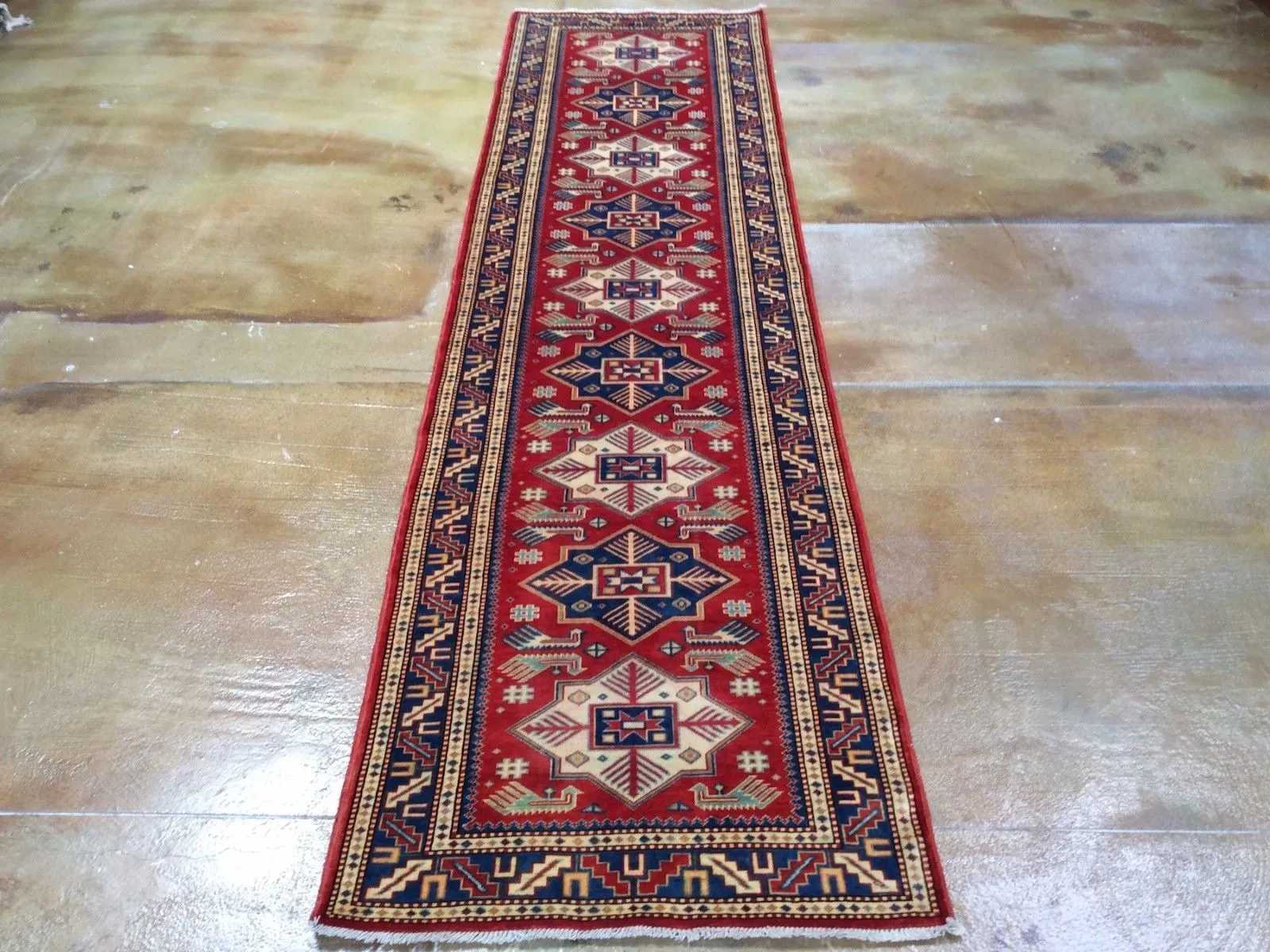 Hand-Knotted Fine Kazak Rug Geometric Handmade 100% Wool (Size 2.8 X 10.0) Brrsf-177