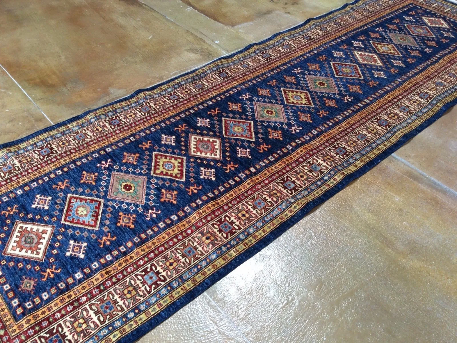 Hand-Knotted Super Kazak Tribal Design 100% Wool Wide Runner Rug (Size 3.4 X 11.0) Brrsf-195