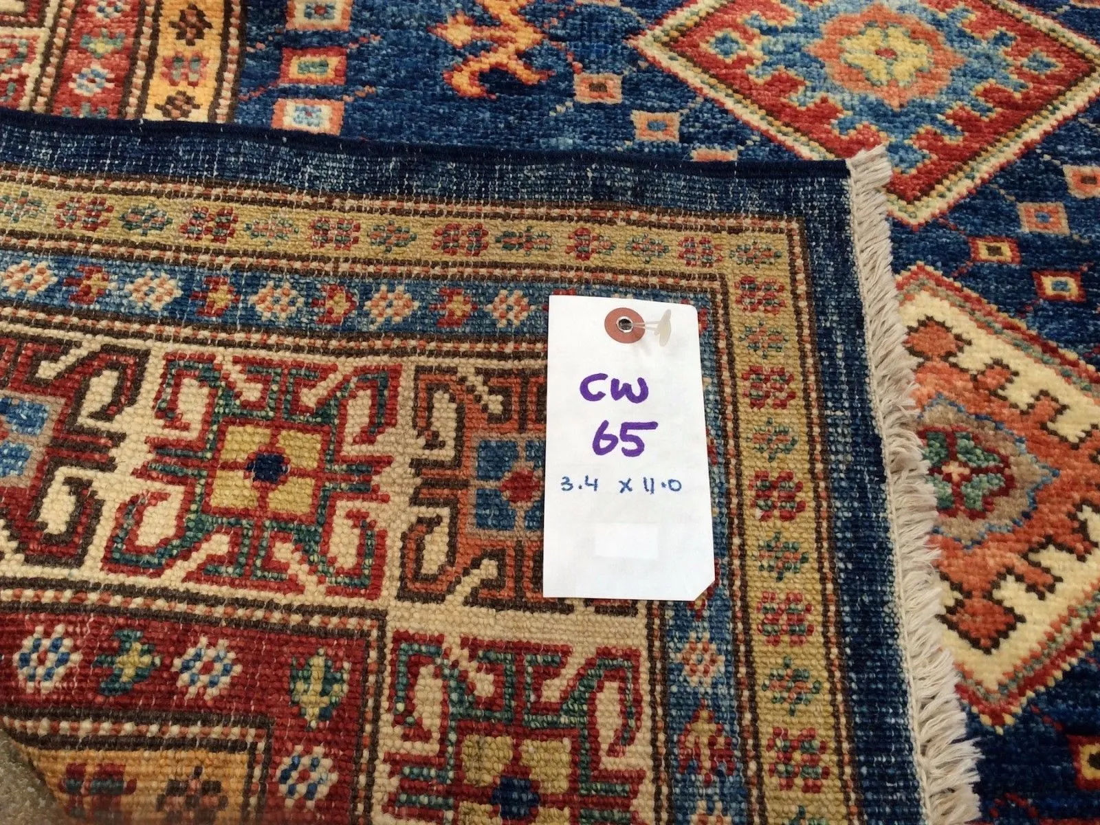 Hand-Knotted Super Kazak Tribal Design 100% Wool Wide Runner Rug (Size 3.4 X 11.0) Brrsf-195