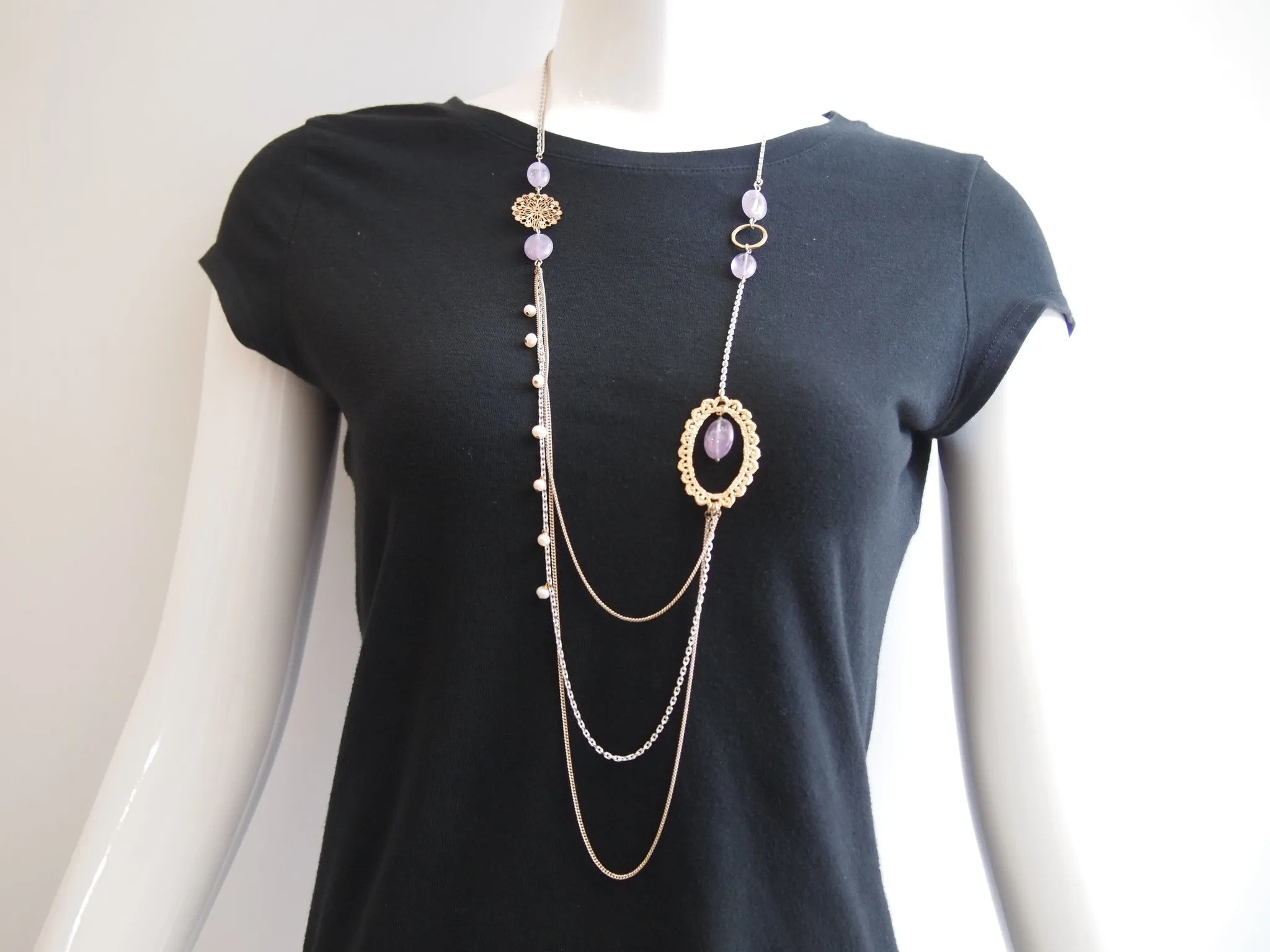 Handmade necklace with purple amethyst & freshwater pearl