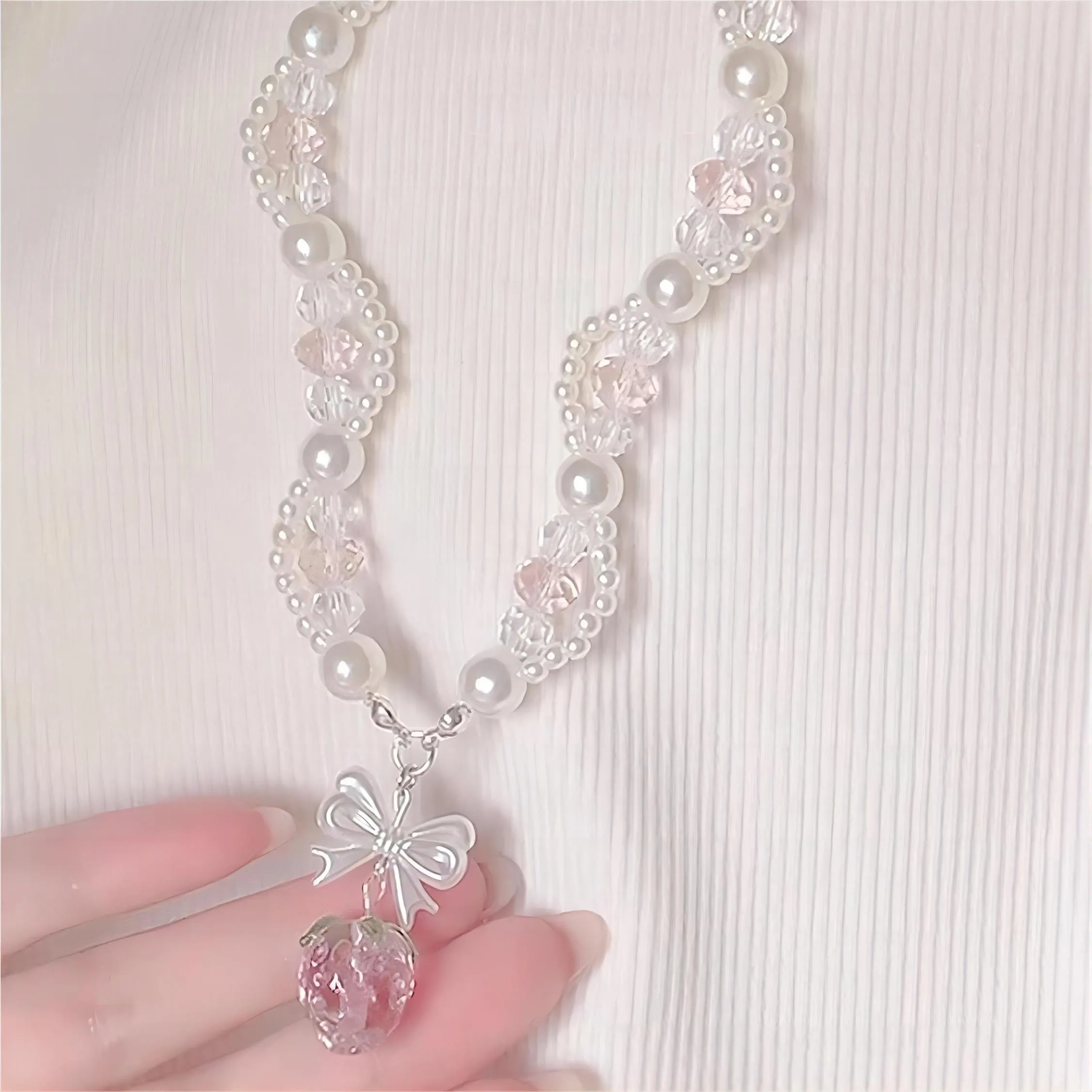 Handmade Pink Crystal Strawberry Pendant Pearl Chain Choker Necklace