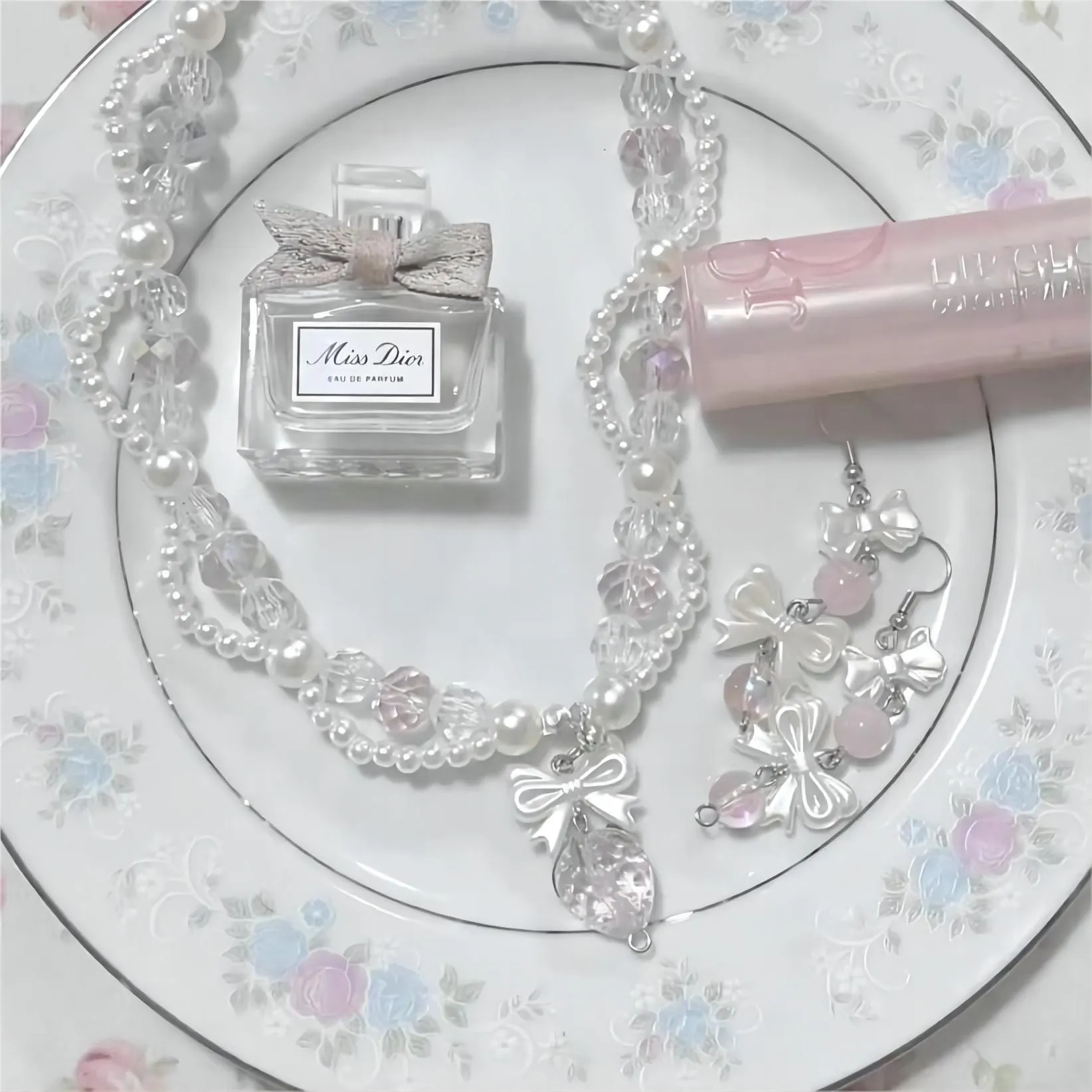 Handmade Pink Crystal Strawberry Pendant Pearl Chain Choker Necklace