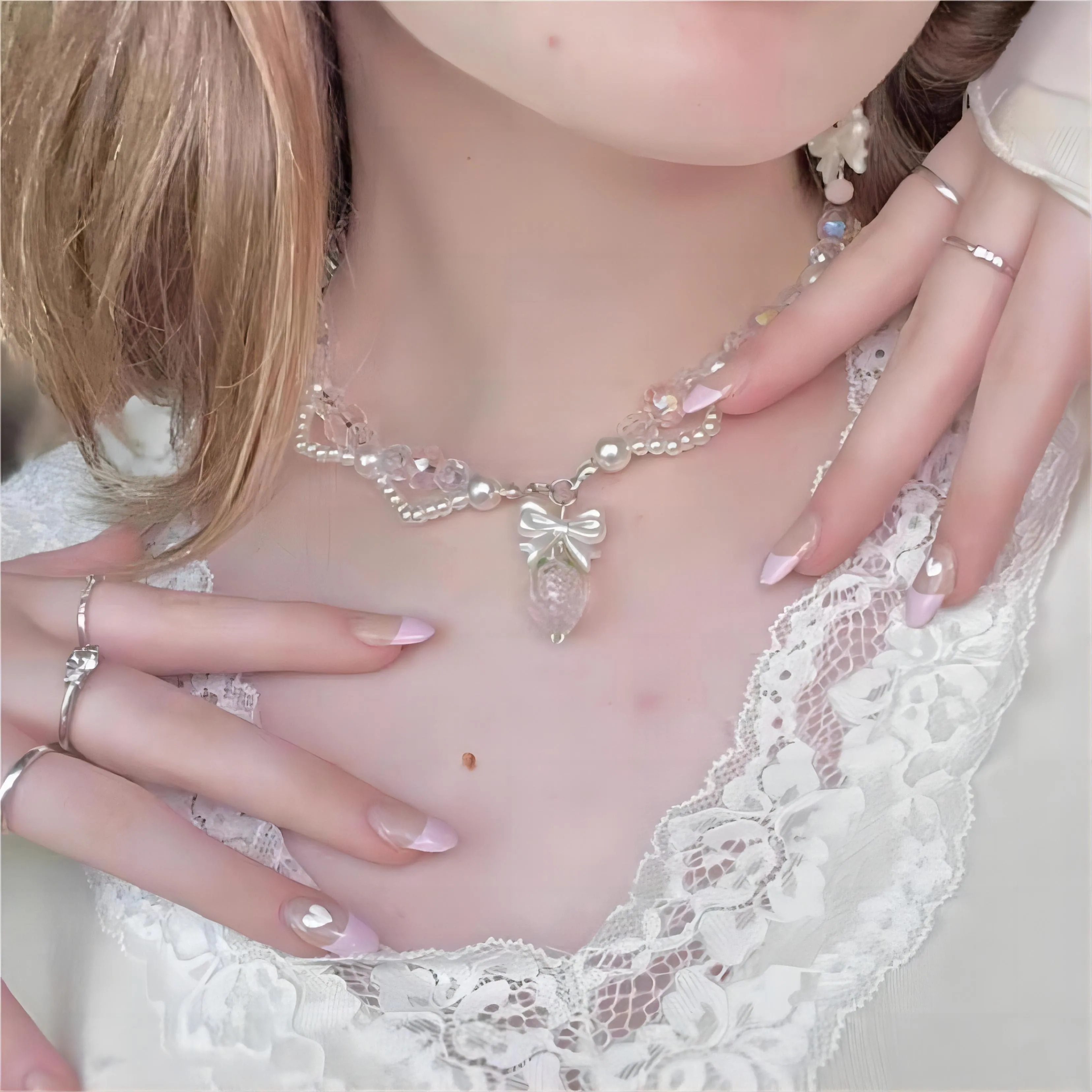 Handmade Pink Crystal Strawberry Pendant Pearl Chain Choker Necklace