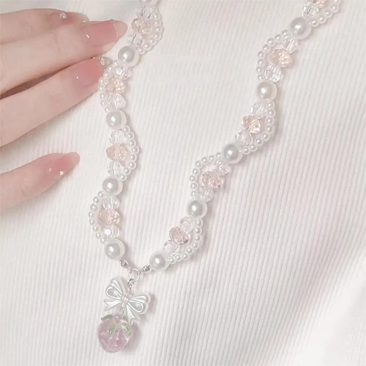 Handmade Pink Crystal Strawberry Pendant Pearl Chain Choker Necklace