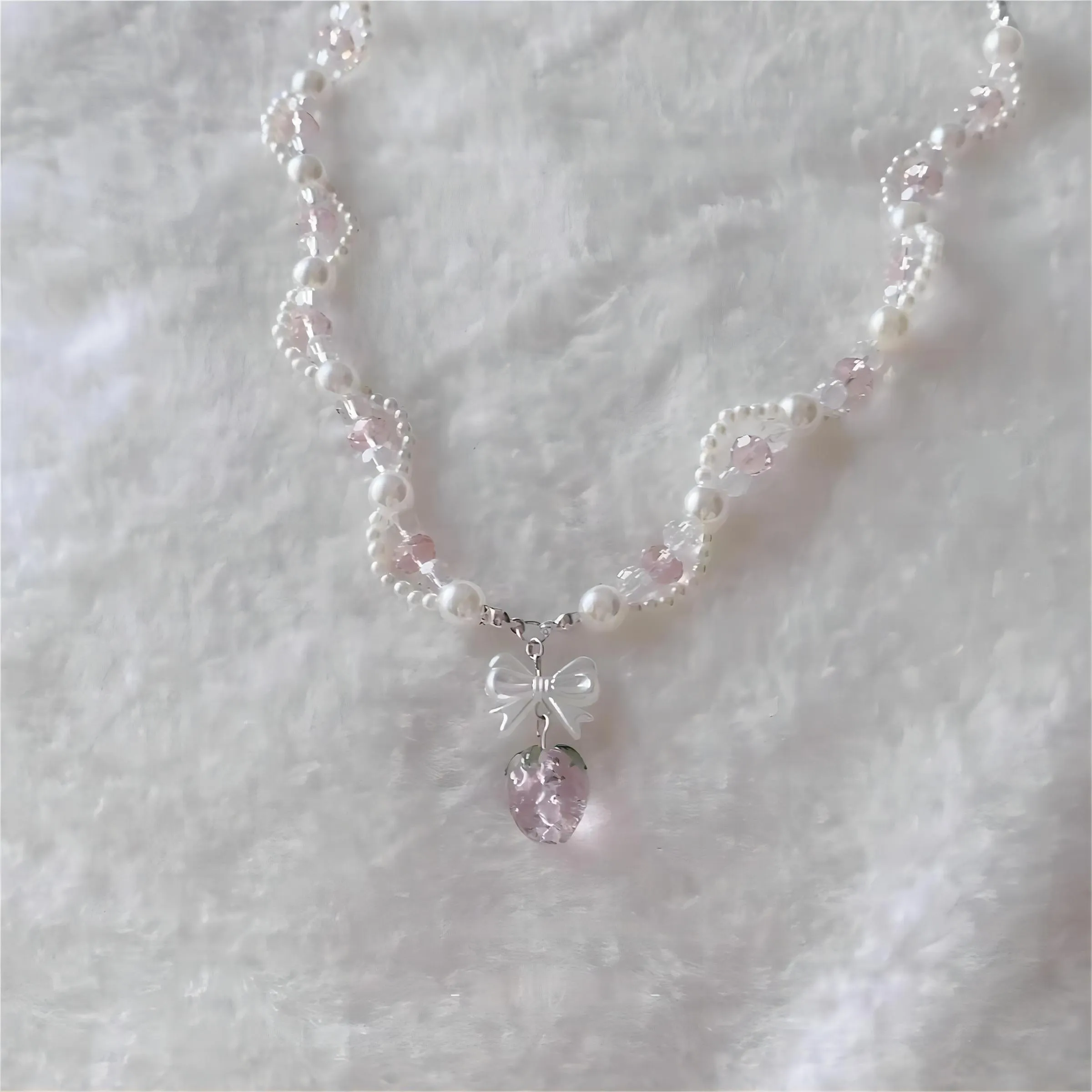 Handmade Pink Crystal Strawberry Pendant Pearl Chain Choker Necklace