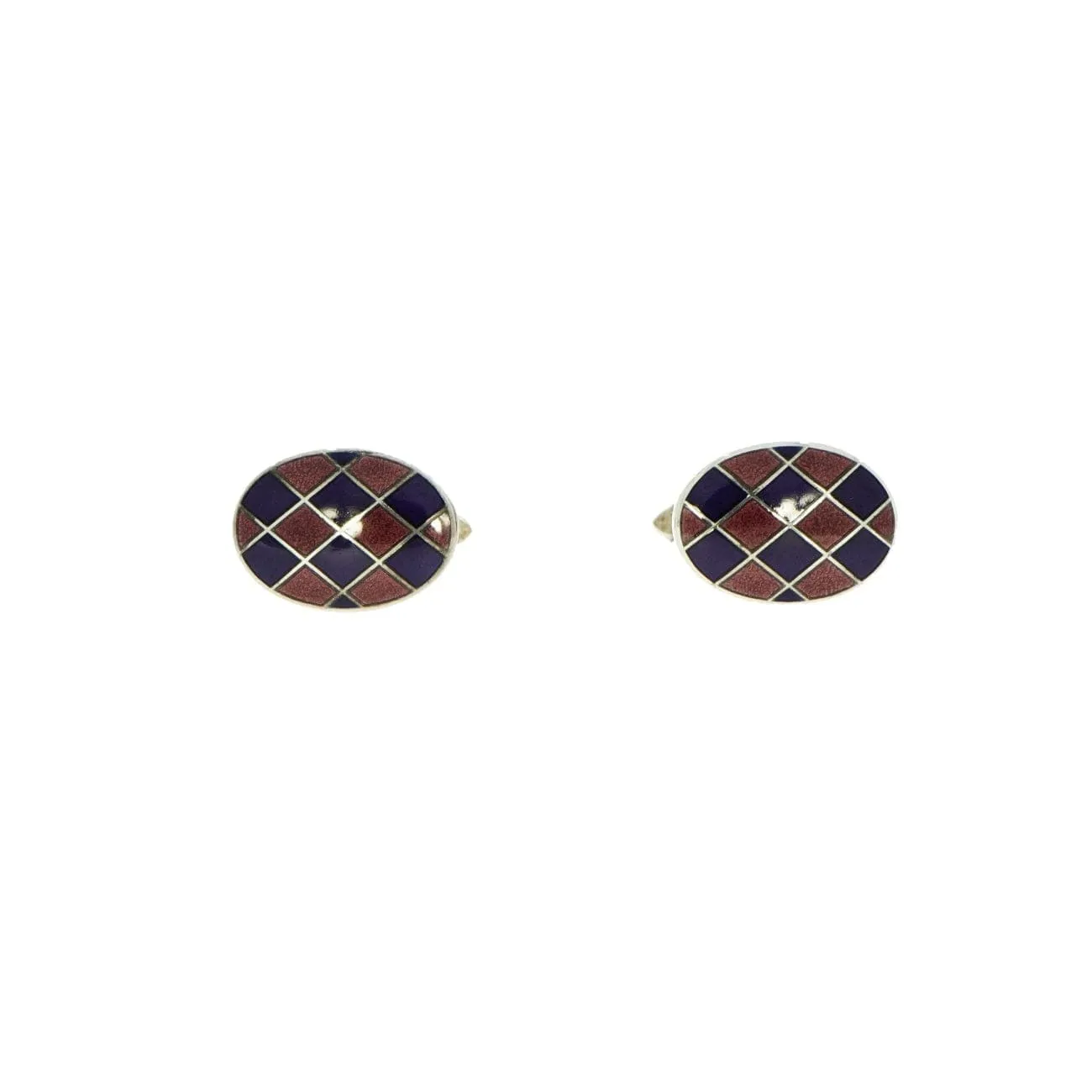 Harlequin Enameled Oval Sterling Silver Cufflinks