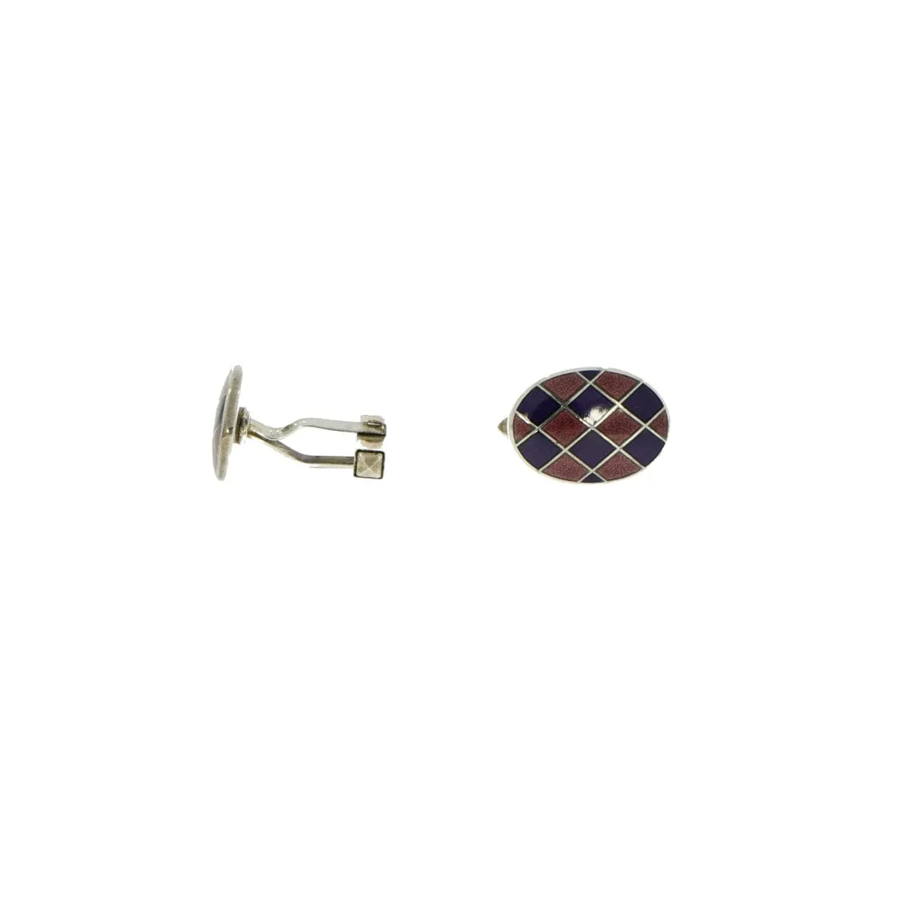 Harlequin Enameled Oval Sterling Silver Cufflinks