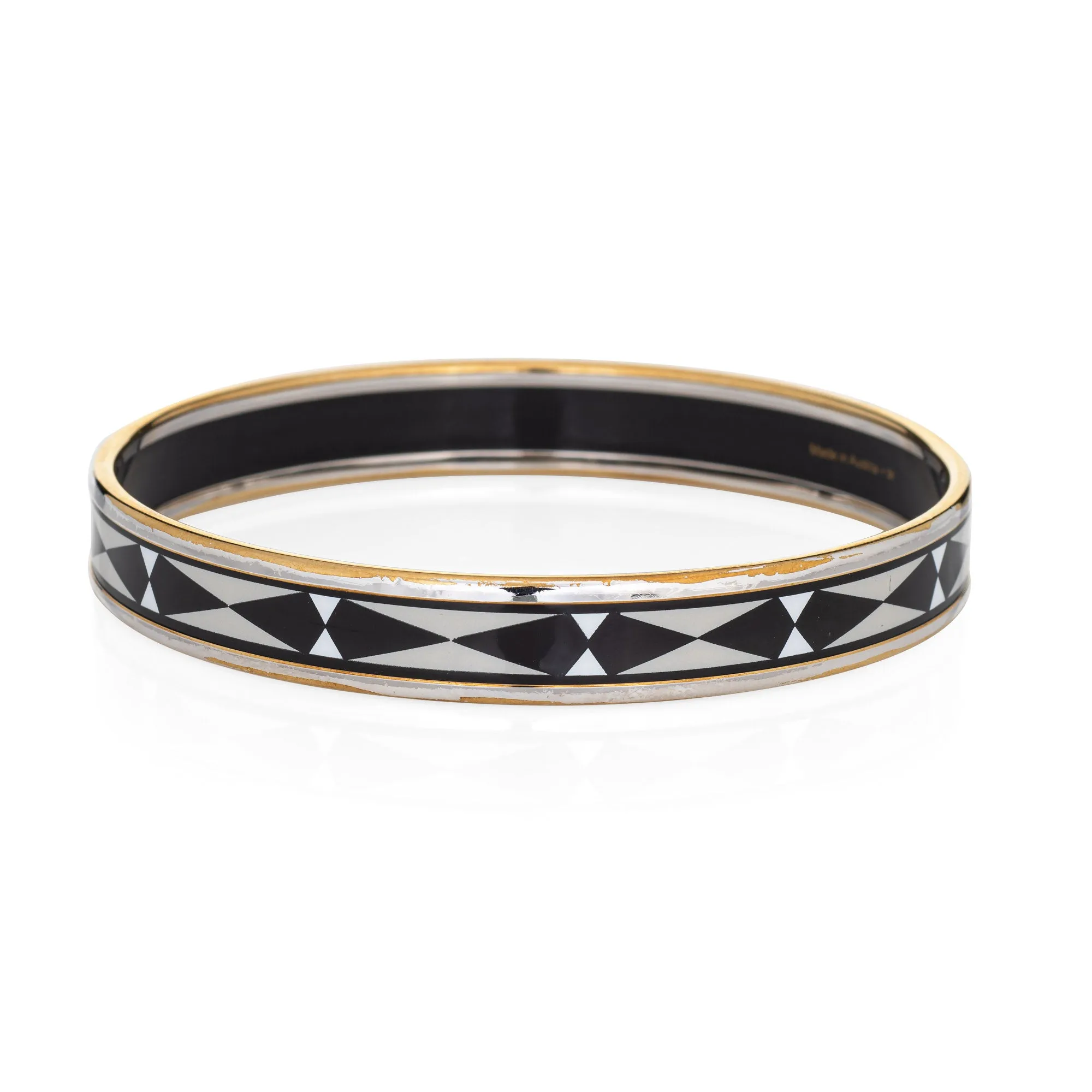 Hermes Enamel Bangle Bracelet Narrow 65 GM Black White Pattern c2009