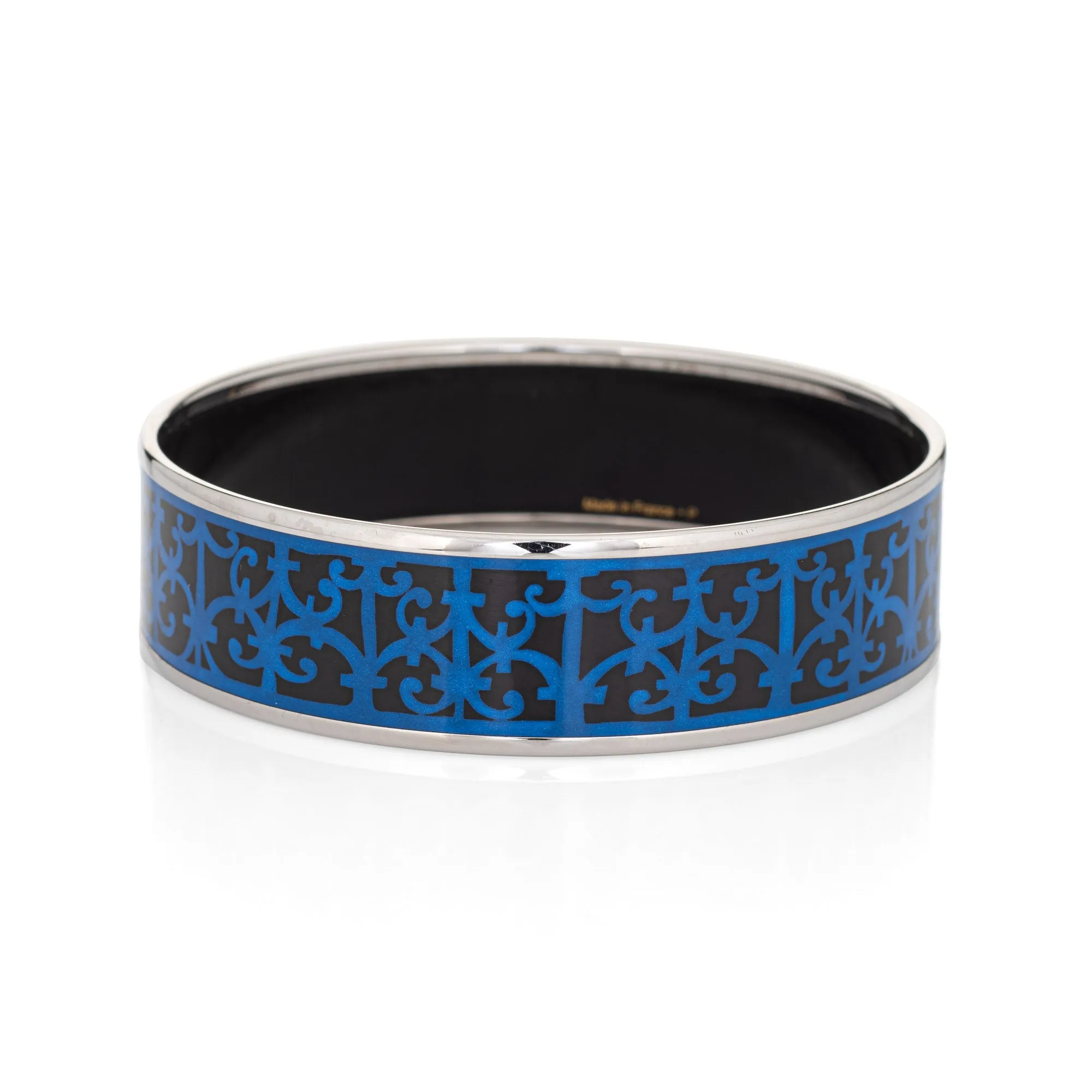 Hermes Enamel Bangle Bracelet Wide 65 GM Blue Black Pattern Palladium c2012