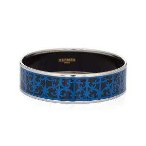 Hermes Enamel Bangle Bracelet Wide 65 GM Blue Black Pattern Palladium c2012