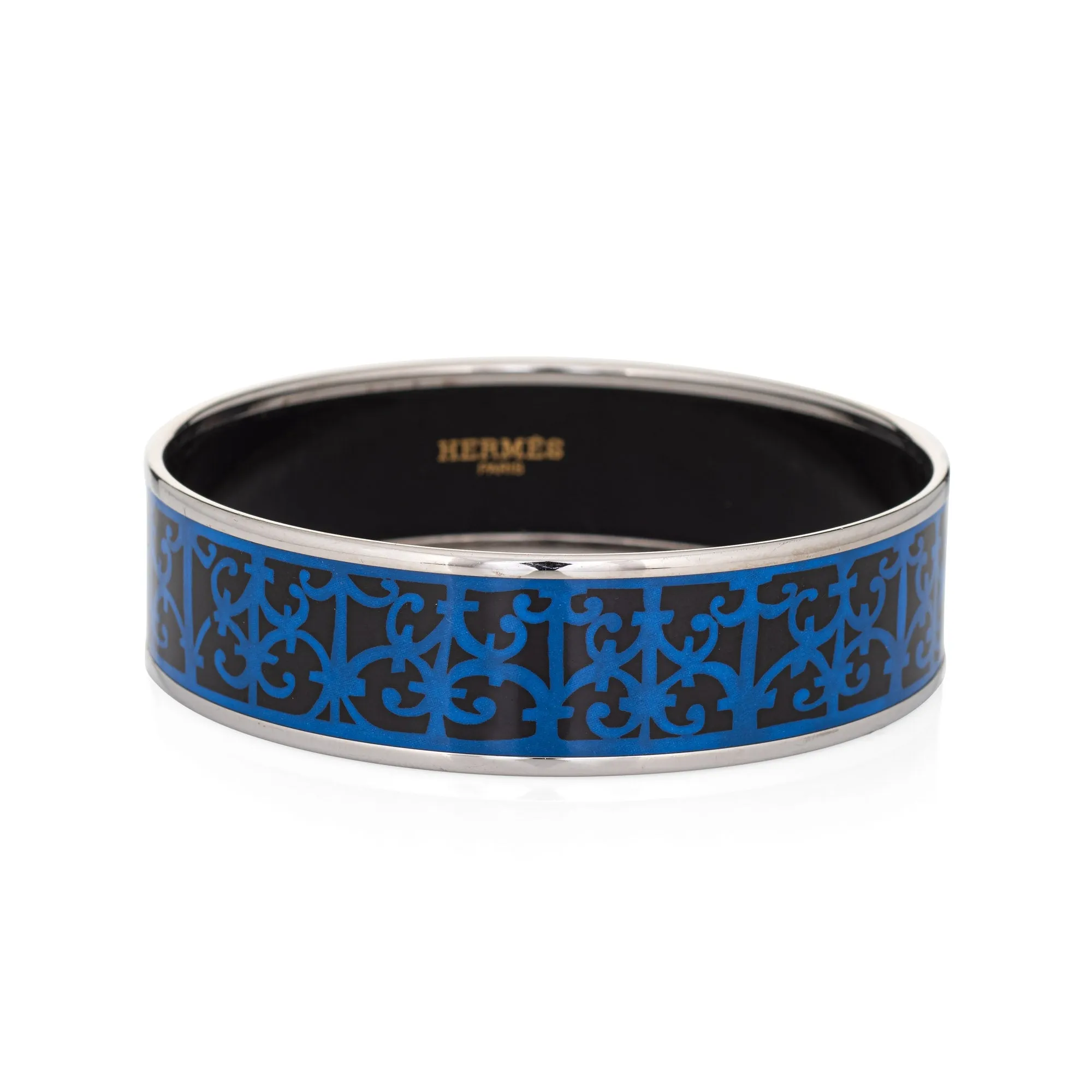 Hermes Enamel Bangle Bracelet Wide 65 GM Blue Black Pattern Palladium c2012
