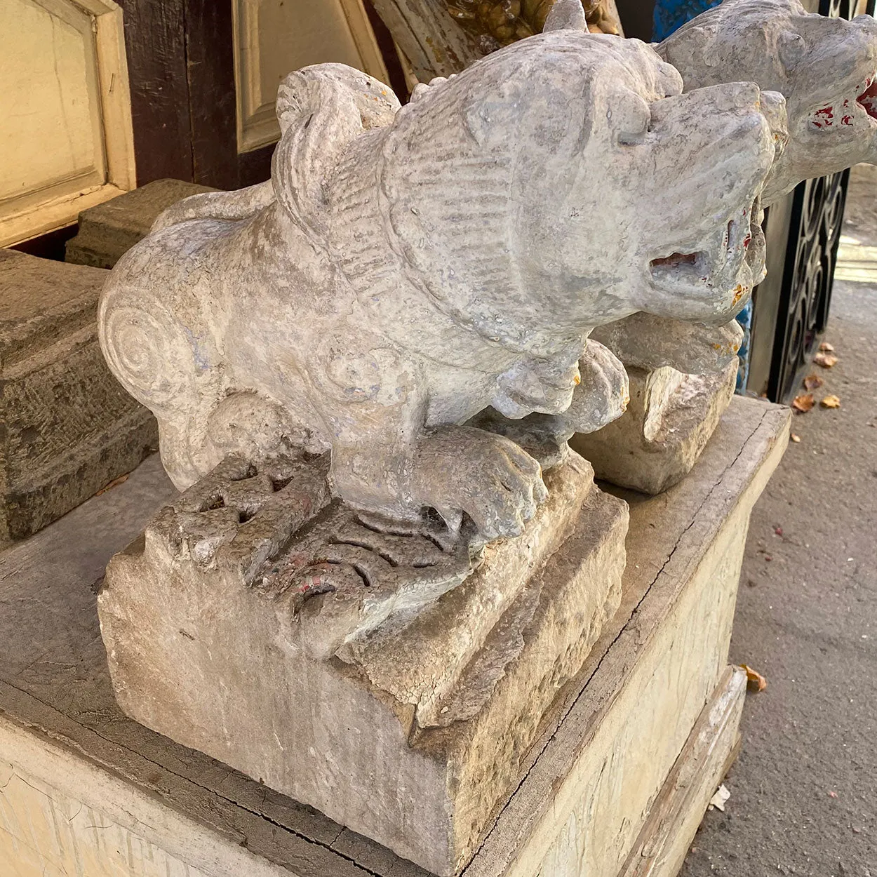 Indian Painted Limestone Vyala Animal Form Architectural Bracket