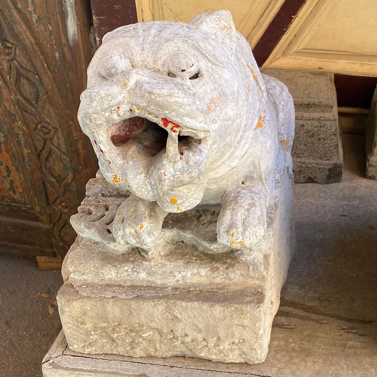 Indian Painted Limestone Vyala Animal Form Architectural Bracket