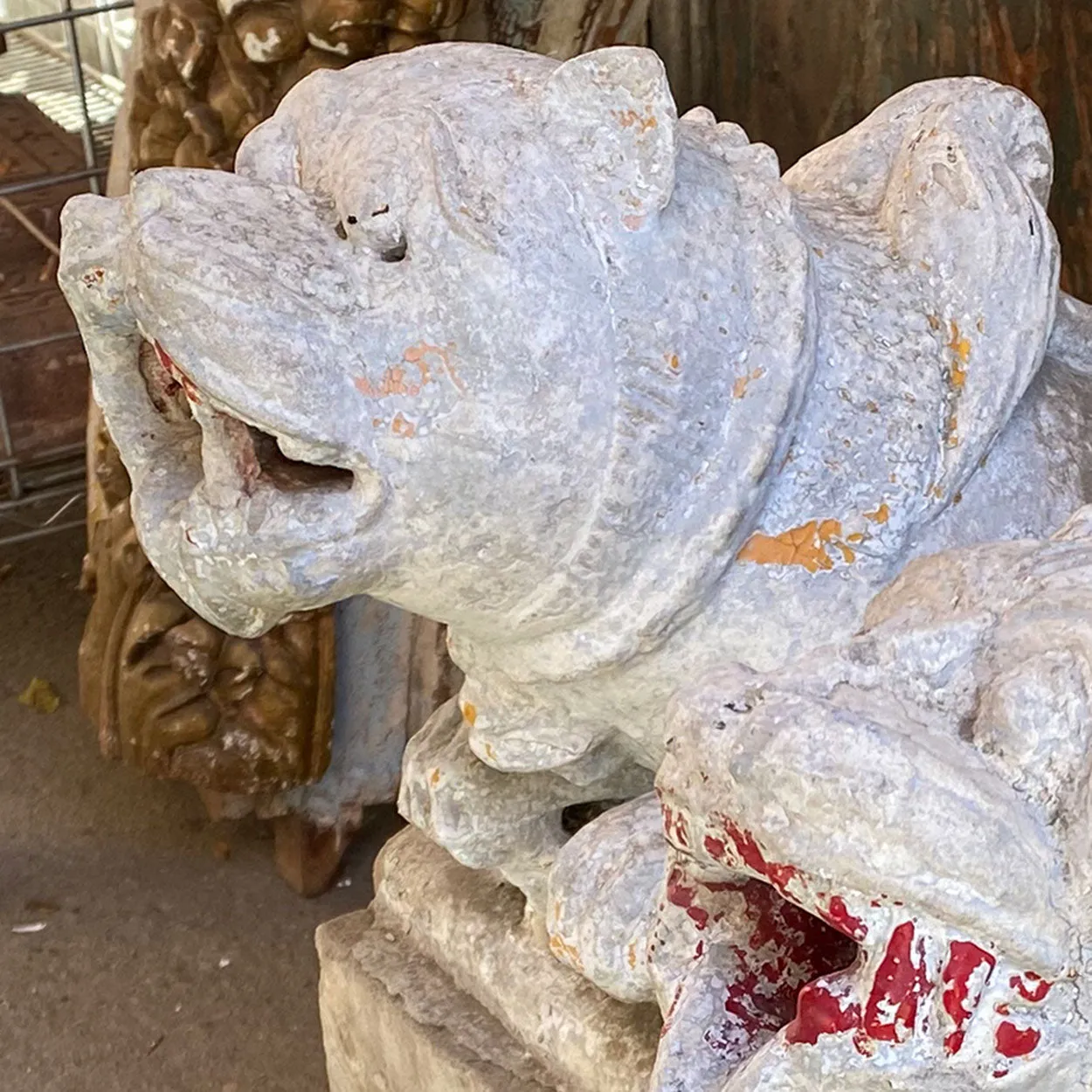 Indian Painted Limestone Vyala Animal Form Architectural Bracket