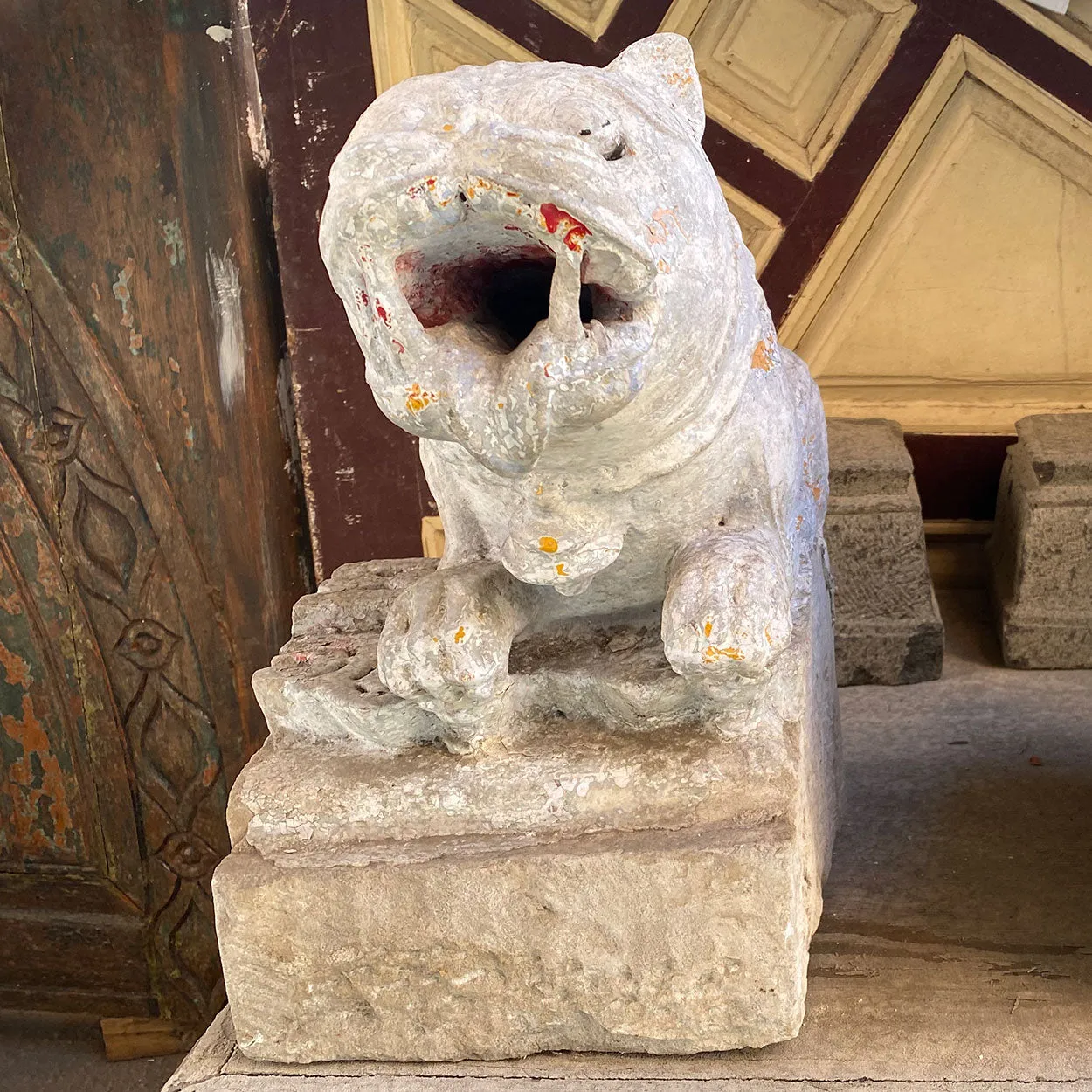 Indian Painted Limestone Vyala Animal Form Architectural Bracket