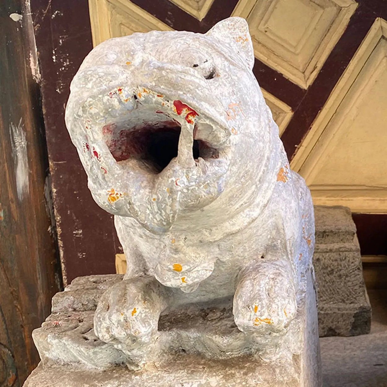Indian Painted Limestone Vyala Animal Form Architectural Bracket