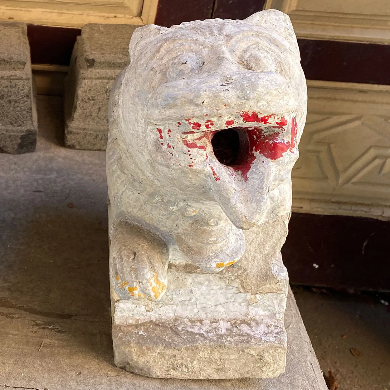 Indian Painted Limestone Vyala Animal Form Architectural Bracket