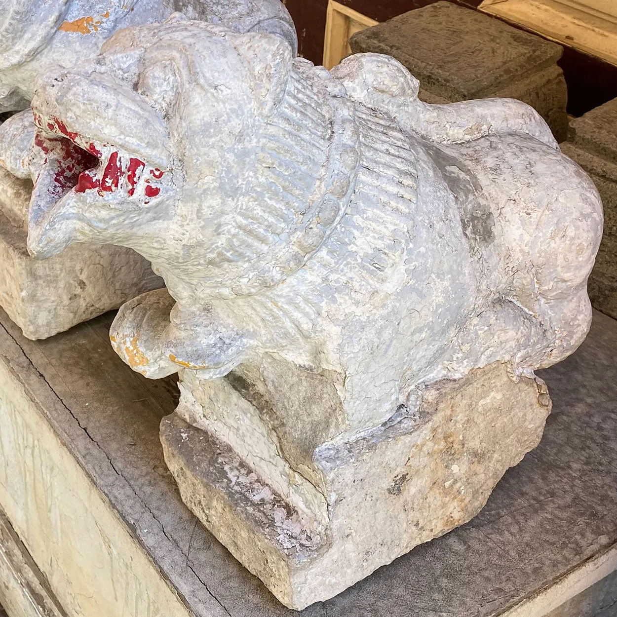 Indian Painted Limestone Vyala Animal Form Architectural Bracket