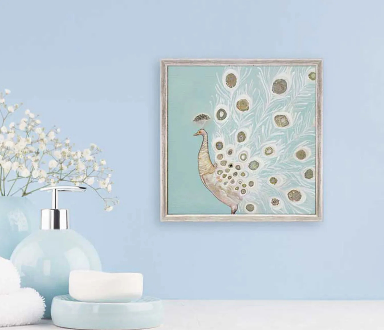Jeweled White Peacock Mini Framed Canvas