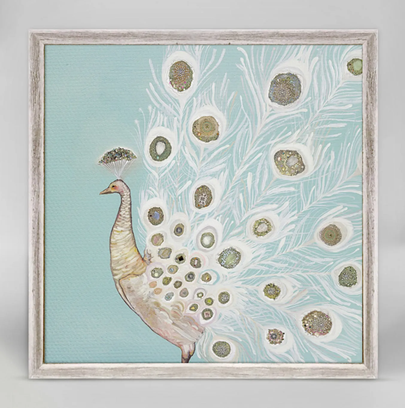 Jeweled White Peacock Mini Framed Canvas