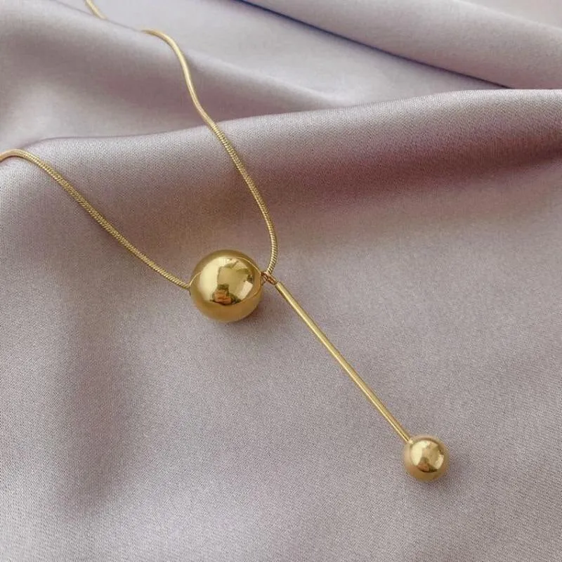 Korean Stainless Steel Large Ball Tassel Necklace Stackable Creative Sliding Geometric Ball Match Pendant Clavicle Chain Jewelry