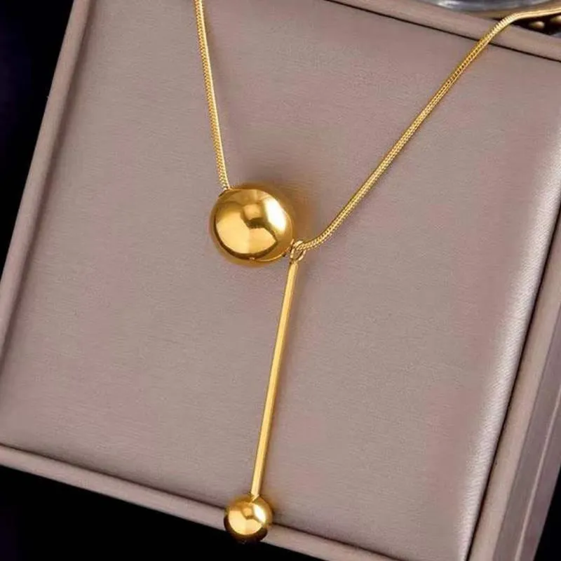 Korean Stainless Steel Large Ball Tassel Necklace Stackable Creative Sliding Geometric Ball Match Pendant Clavicle Chain Jewelry