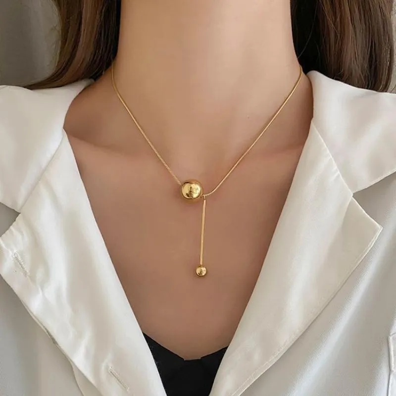 Korean Stainless Steel Large Ball Tassel Necklace Stackable Creative Sliding Geometric Ball Match Pendant Clavicle Chain Jewelry
