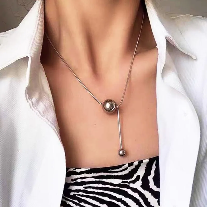 Korean Stainless Steel Large Ball Tassel Necklace Stackable Creative Sliding Geometric Ball Match Pendant Clavicle Chain Jewelry