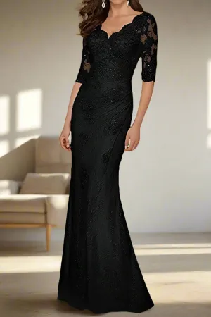 Lace Half Sleeve Black Mermaid Wedding Guest Dress
