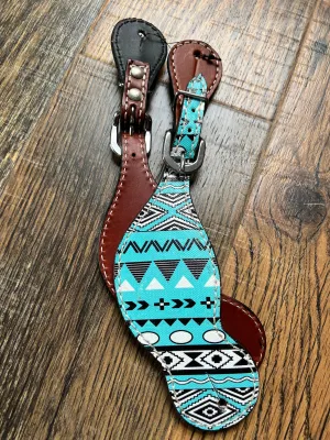 Ladies Teal/blue/Black/White Aztec Leather spur straps