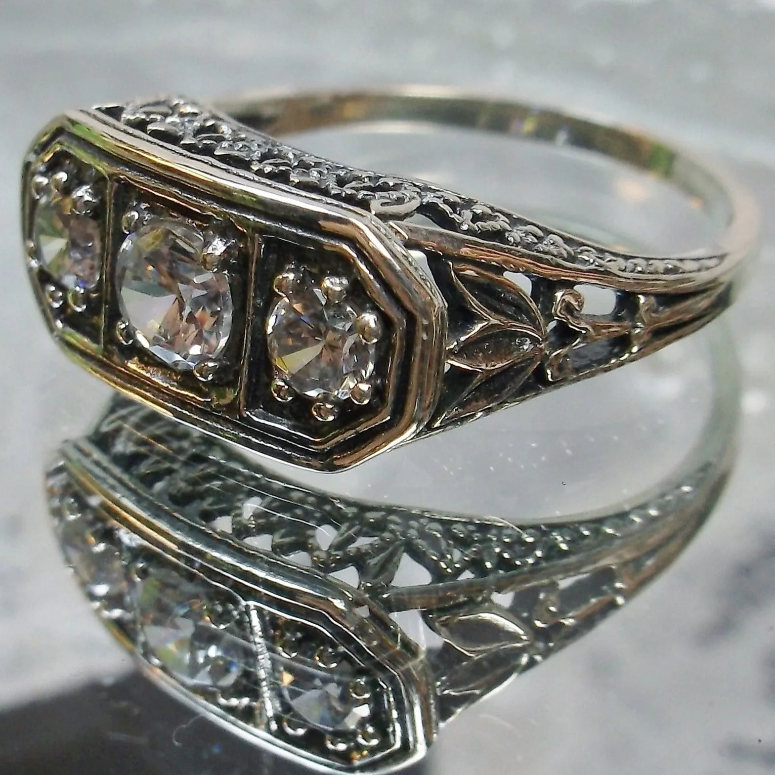 Lily Ring, White CZ, Natural White Topaz, or Moissanite, Sterling Silver Lily Leaf Filigree, Edwardian Jewelry #D197