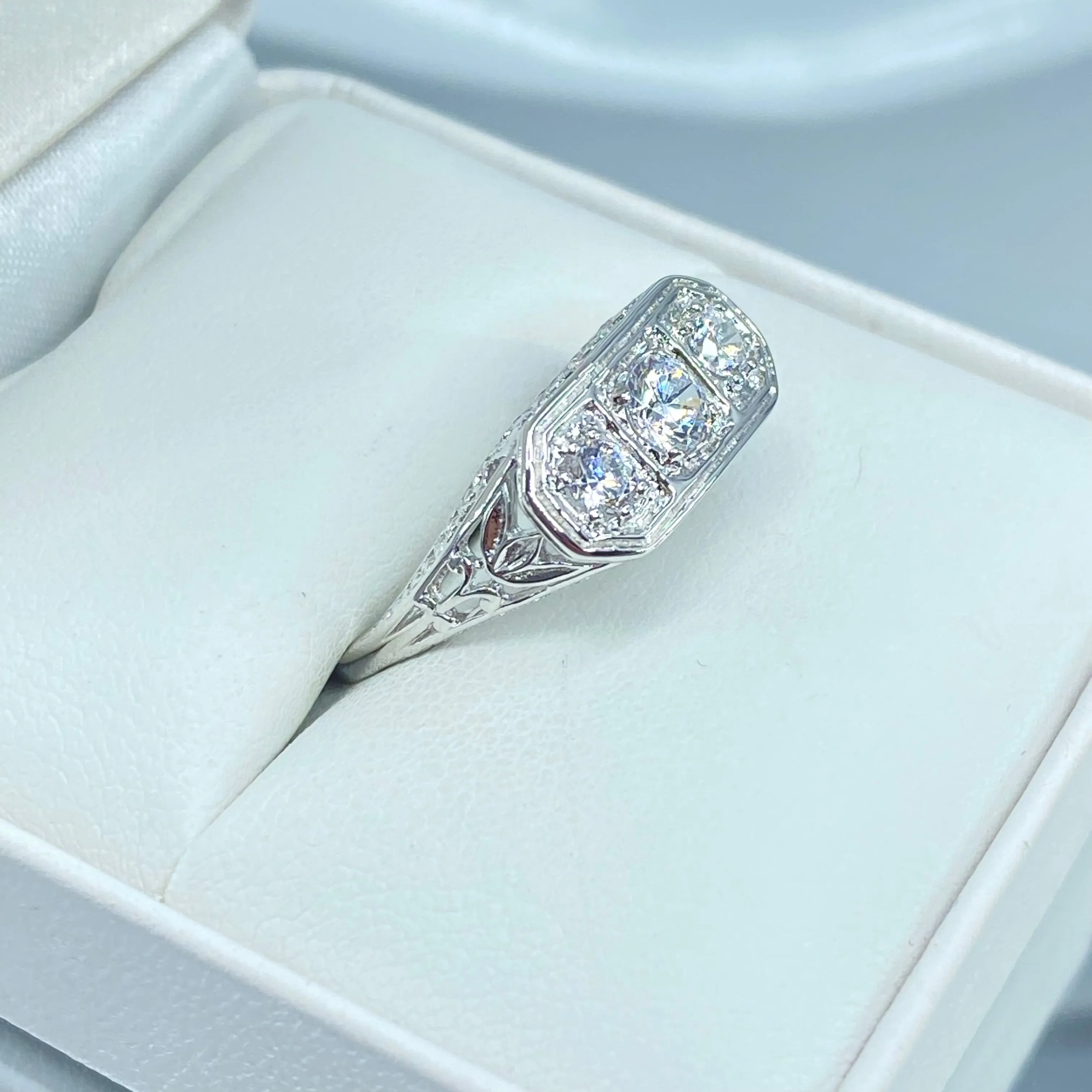 Lily Ring, White CZ, Natural White Topaz, or Moissanite, Sterling Silver Lily Leaf Filigree, Edwardian Jewelry #D197
