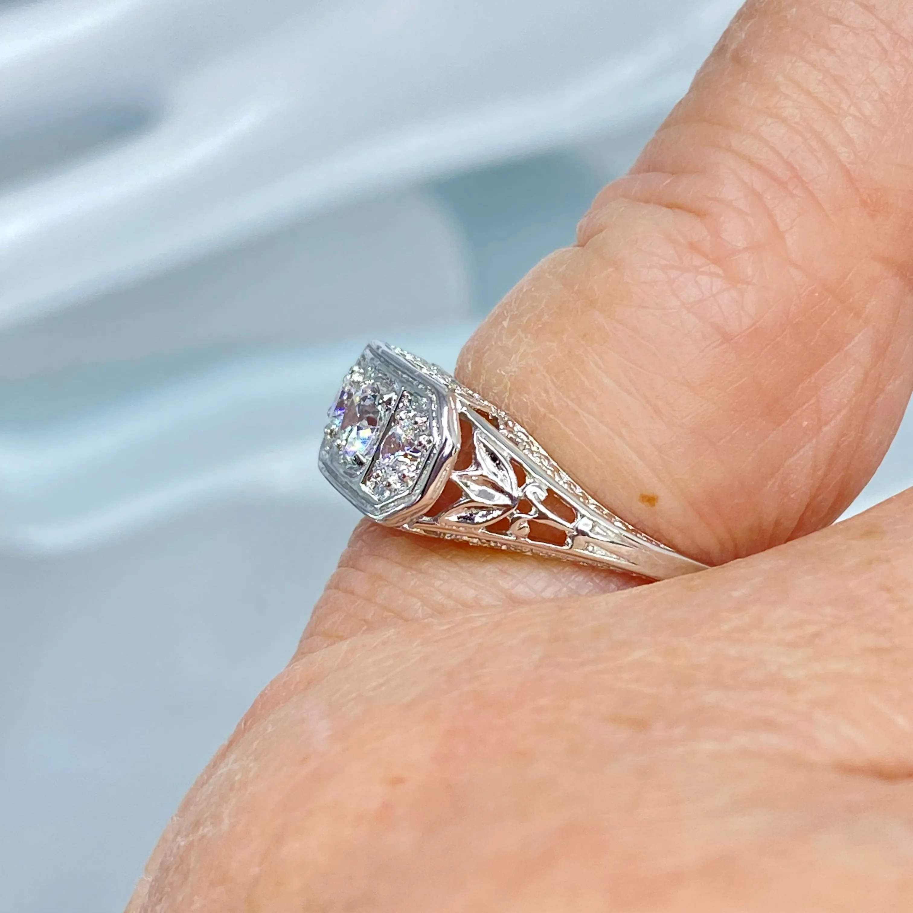 Lily Ring, White CZ, Natural White Topaz, or Moissanite, Sterling Silver Lily Leaf Filigree, Edwardian Jewelry #D197