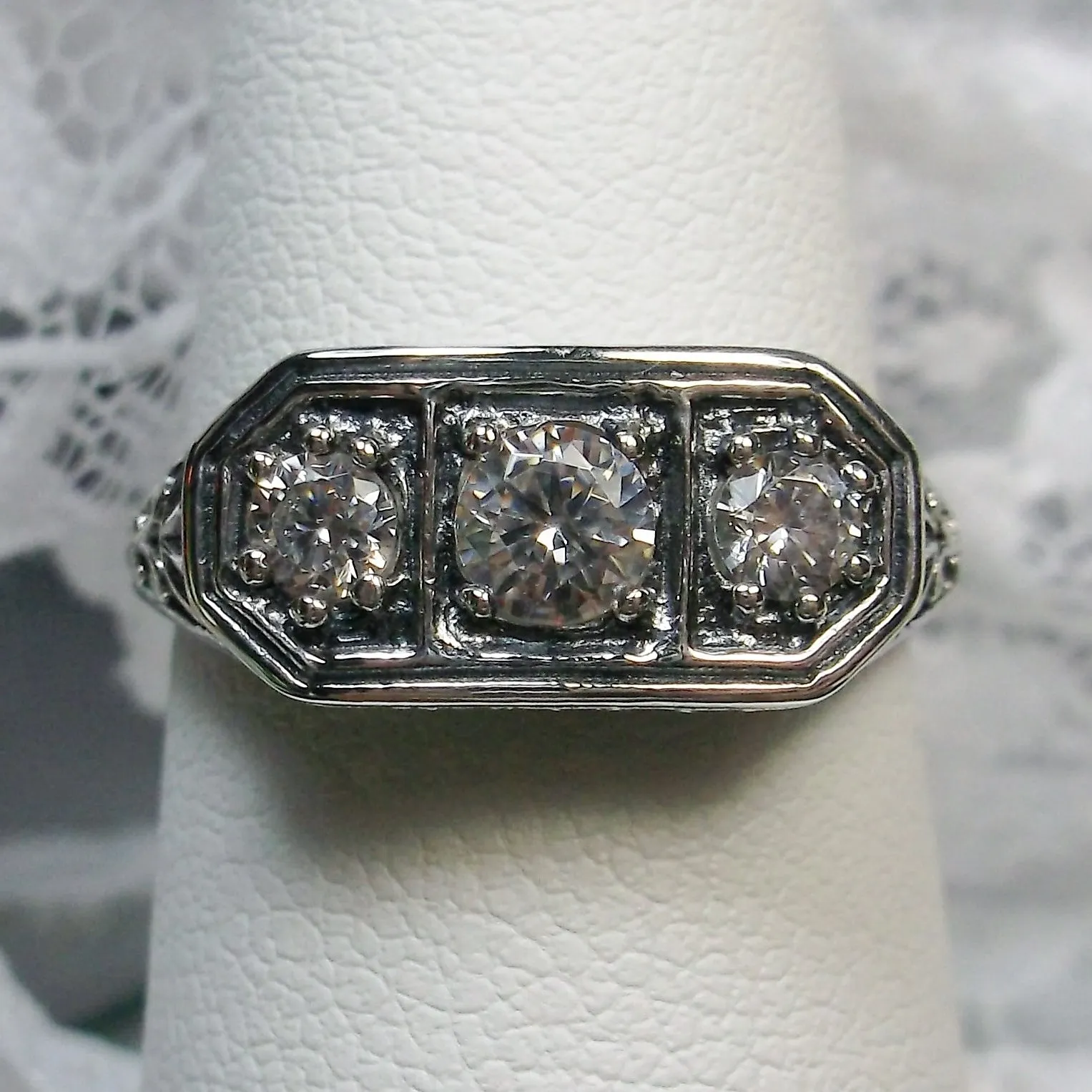 Lily Ring, White CZ, Natural White Topaz, or Moissanite, Sterling Silver Lily Leaf Filigree, Edwardian Jewelry #D197