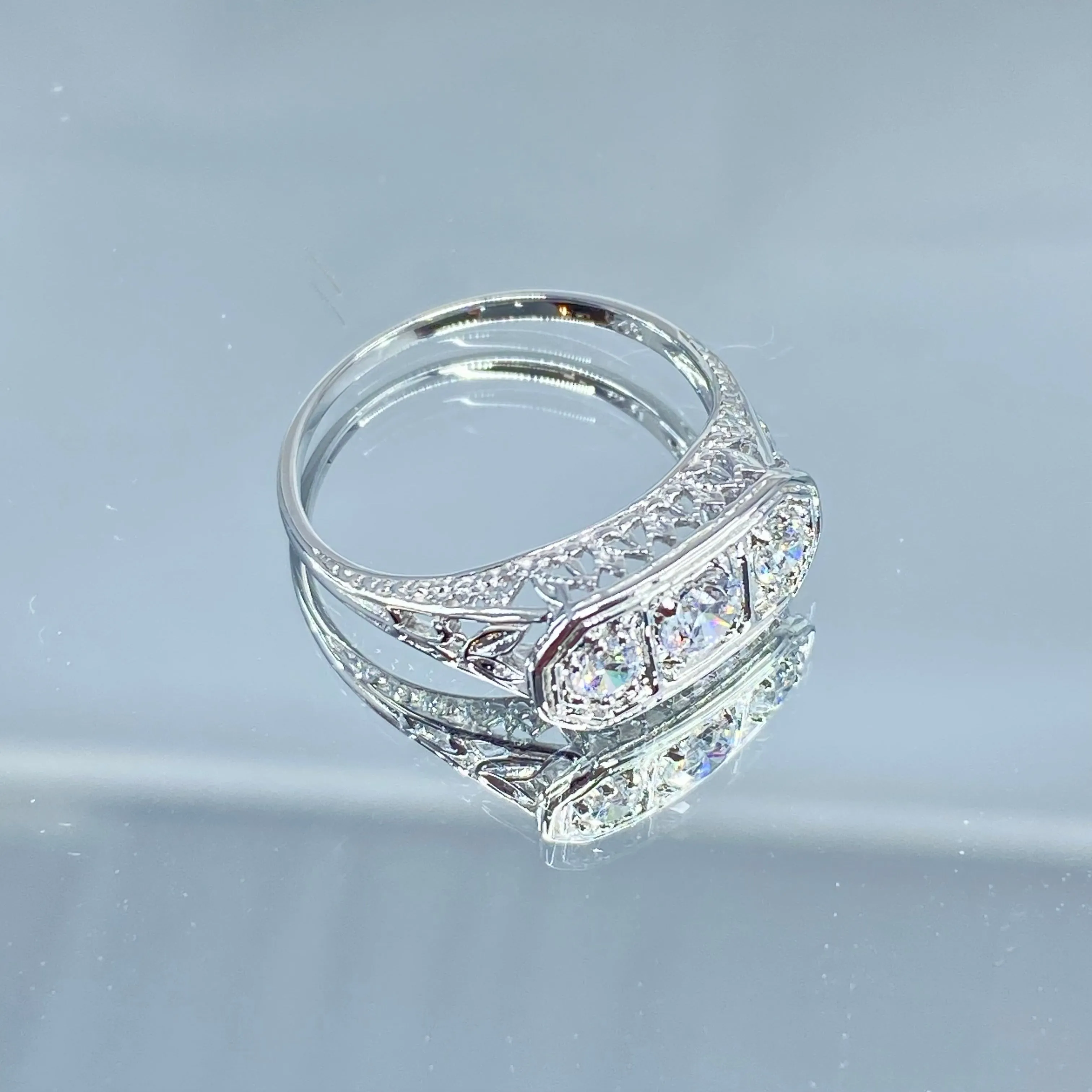 Lily Ring, White CZ, Natural White Topaz, or Moissanite, Sterling Silver Lily Leaf Filigree, Edwardian Jewelry #D197